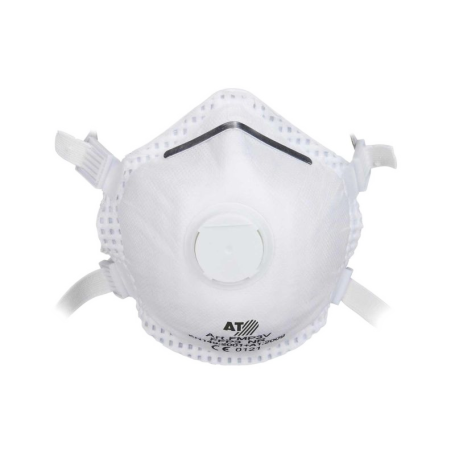 Weiße Atemschutzmaske mit Ausatemventil und elastischen Bändern.