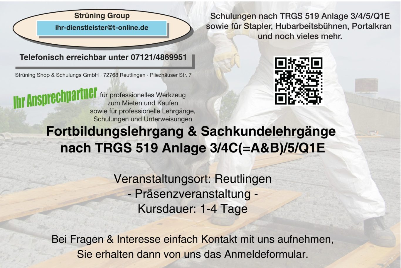 Asbest Lehrgang Fortbildungsangebot für TRGS 519, Veranstaltungen in Reutlingen, Kursdauer 1-4 Tage.